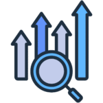 blue chart icon with a magnifying glass and an upward trend