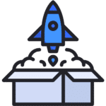 blue icon showing a rocket launch out of a cardbox